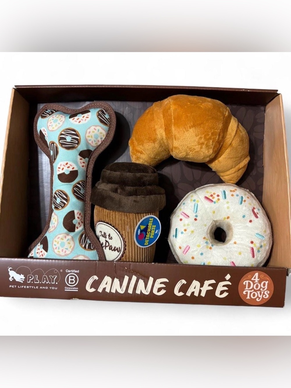 Dog Cafe 4 piece dog toy set with donut, croissant, coffee cup and bone